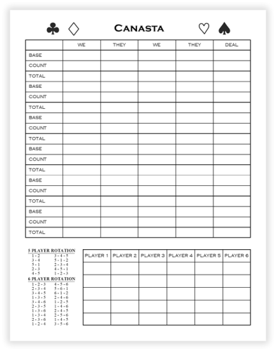 Printable Canasta Score Sheet - L Canasta BASIC Large 